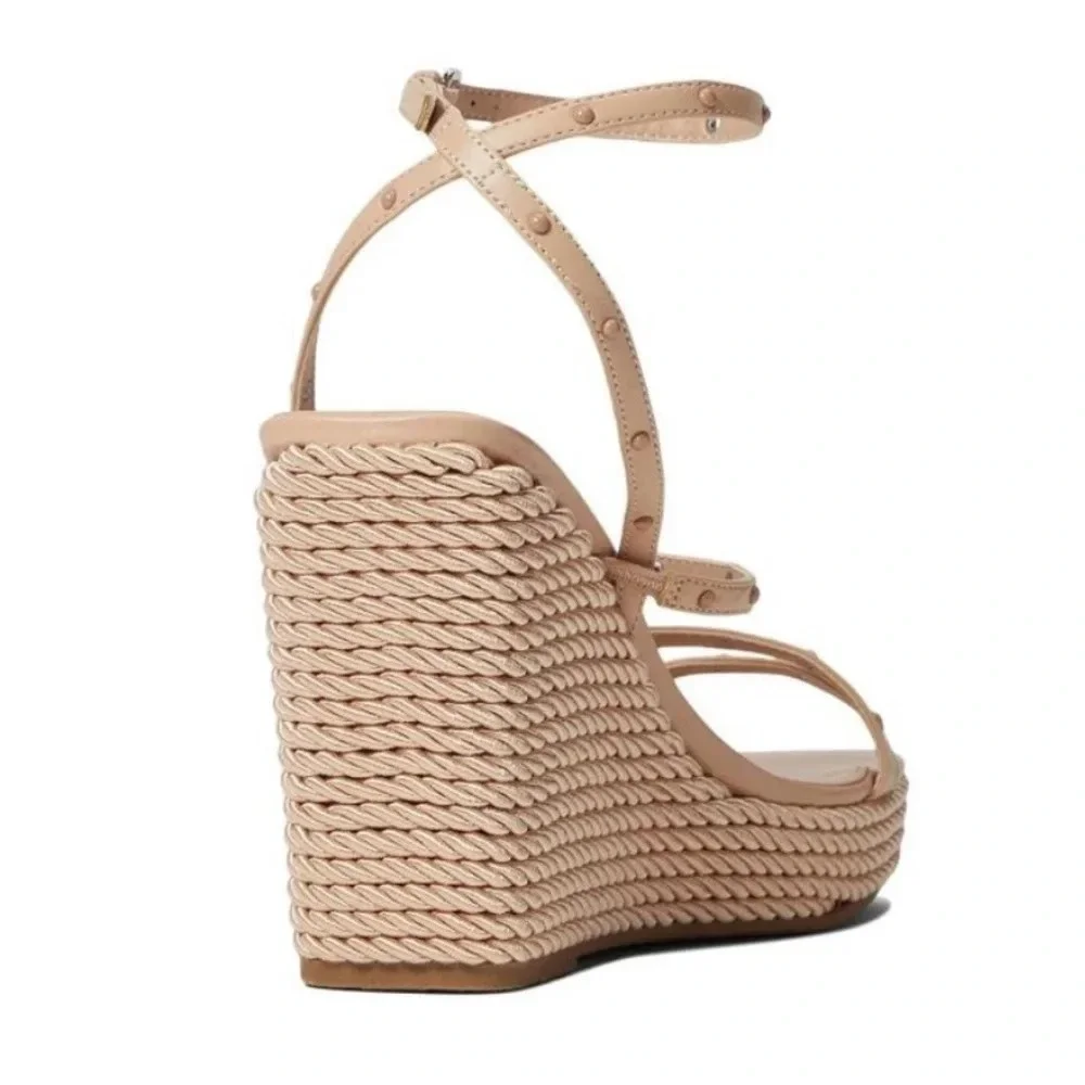 MARC FISHER Zig Studded Square Toe Beige Beachy Espadrille Wedge Heels